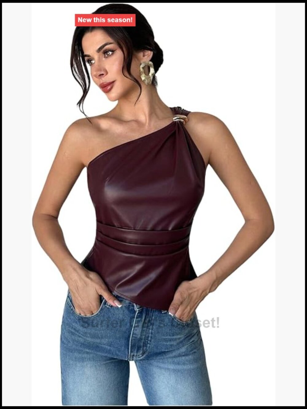 Women's Faux Leather One Shoulder Asymmetric Sleeveless Tank Top Ruched Party